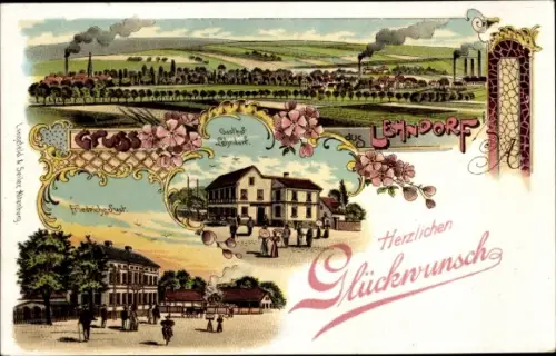 Litho Lehndorf Nobitz Thüringen, Totalansicht, Friedrichslust, Gasthof Lehndorf, Glückwunsch