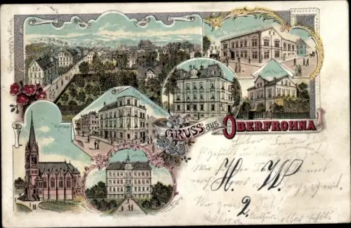 Litho Limbach Oberfrohna in Sachsen, Kirche, Restauration Post, Schule, Post, Gasthof