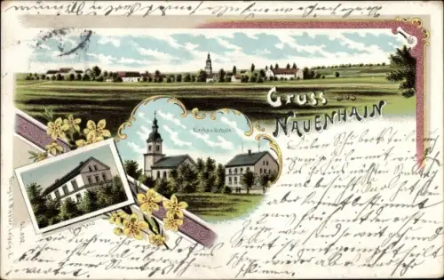Litho Nauenhain Geithain in Sachsen, Pfarrhaus, Kirche, Schule, Gesamtansicht