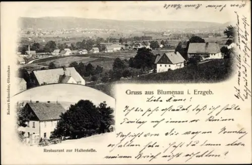 Ak Blumenau Olbernhau im Erzgebirge Sachsen, Panorama, Restaurant zur Haltestelle