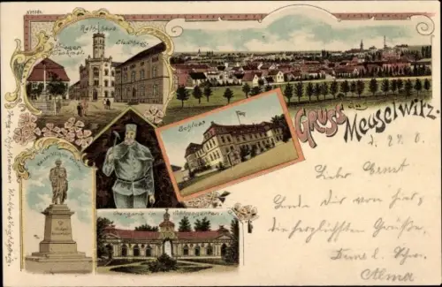Litho Meuselwitz im Kreis Altenburger Land, Bergmann, Kaiser Wilhelm Denkmal, Rathaus, Schloss