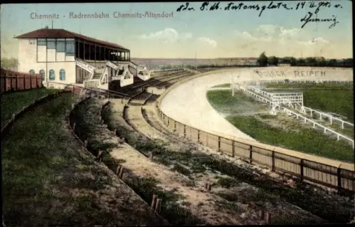 Ak Chemnitz Sachsen, Radrennbahn in Altendorf, Stadion, Polack Reifen Reklame