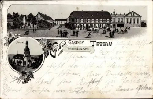 Litho Tettau Schönberg in Sachsen, Gasthof von Emil Kühn, Kirche