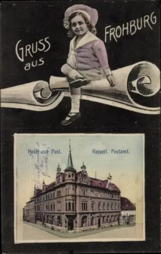 Passepartout Ak Frohburg in Sachsen, Hotel zur Post, Postamt, Mädchen