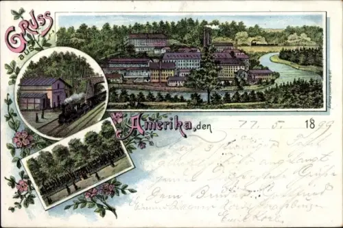 Litho Amerika Penig in Sachsen, Totalansicht, Bahnhof, Eisenbahn