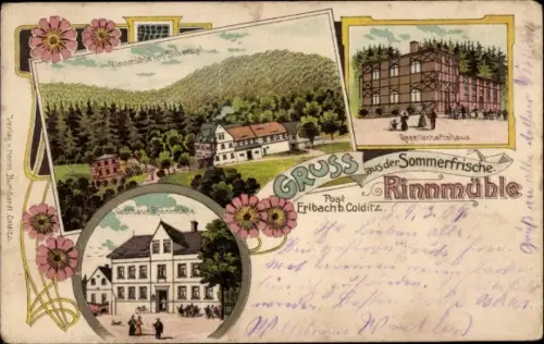 Litho Erlbach Colditz in Sachsen, Rinnmühle, Gesellschaftshaus