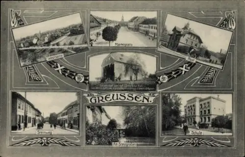 Ak Greußen in Thüringen, Steinweg, Schule, Post, Marktplatz