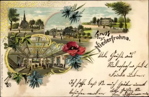 Litho Niederfrohna in Sachsen, Kirche, Saal, Teilansichten