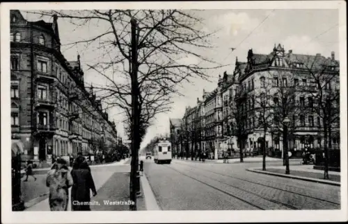 Ak Chemnitz Sachsen, Weststraße, Straßenbahn, Passanten