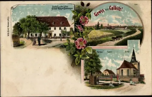 Litho Calbitz Wermsdorf in Sachsen, Gasthof drei Lilien, Schule, Kirche