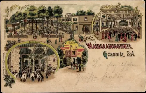 Litho Gößnitz in Thüringen, Gastwirtschaft Waidmannsheil, Wintergarten, Saal, Ruine