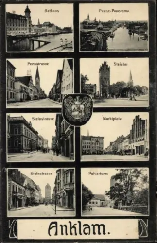 Ak Anklam, Rathaus, Peene, Steinstraße, Pulverturm, Steintor, Marktplatz, Peenstraße, Wappen