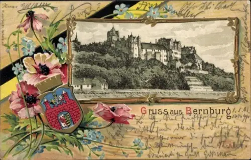 Präge Wappen Litho Bernburg an der Saale Salzlandkreis, Burg, Blumen, Vergissmeinnicht