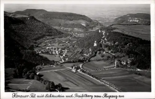 Ak Traifelberg Honau Lichtenstein in Baden Württemberg, Fliegeraufnahme, Honauer Tal