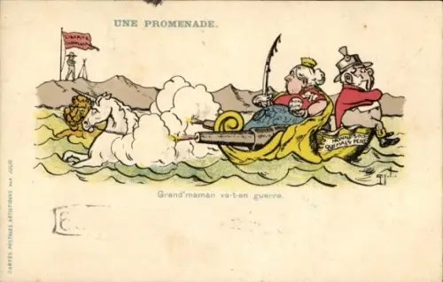 Ak Vergnügungsreise, Großmama zieht in den Krieg, Burenkrieg, Karikatur Königin Victoria, John Bull