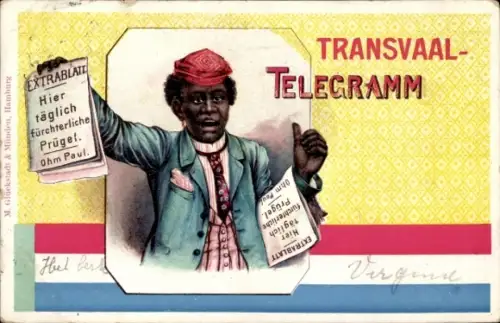 Litho Transvaal-Telegramm, Hier täglich fürchterliche Prügel, Ohm Paul, Burenkrieg