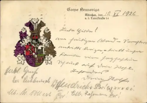 Studentika Ak München, Corps Brunsviga, Wappen, v. d. Tann-Straße 14