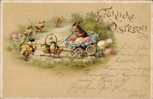 Litho Frohe Ostern, Osterhase in einem von Küken gezogenen Wagen, Ostereier