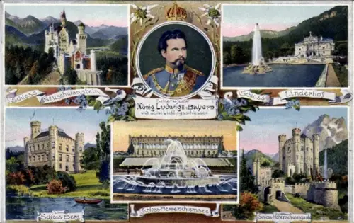 Ak König Ludwig II. von Bayern, Schloss Linderhof, Neuschwanstein, Hohenschwangau, Schloss Berg