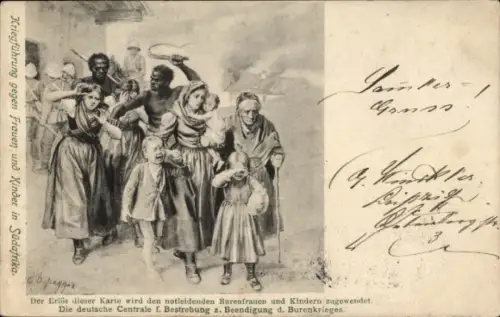 Künstler Ak Kriegsführung gegen Frauen u. Kinder, Südafrika, Bestrebung z. Beendigung d. Burenkriegs