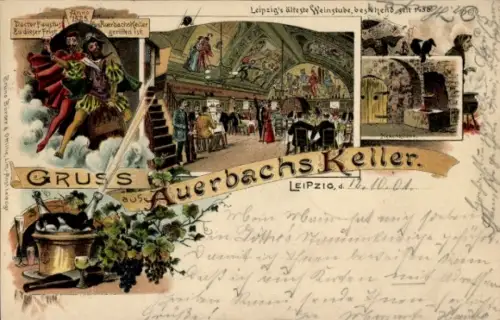 Litho Leipzig in Sachsen, Ansichten von Auerbachs Keller, Hexenküche, Faust Sage