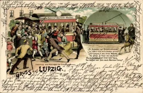 Litho Leipzig in Sachsen, Elektrische Straßenbahn, Erstürmung eines Wagens, BB&OL