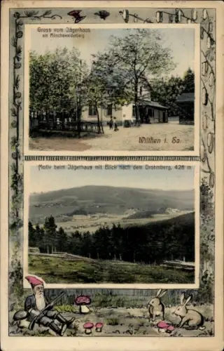 Passepartout Ak Wilthen in der Oberlausitz, Mönchswalder Berg, Jägerhaus, Drohmberg, Zwerg, Hasen