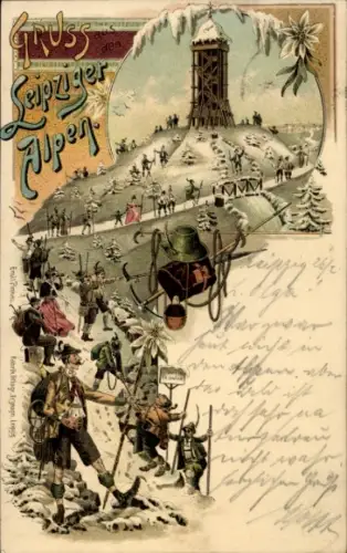 Winter Litho Leipzig in Sachsen, Gruß aus den Leipziger Alpen, Wanderer, Aussichtsturm