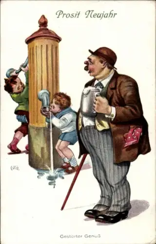 Künstler Ak Fröhliches Neujahr, Gestörter Genuss, Mann mit Bierkrug, Kinder, Wasserpumpe