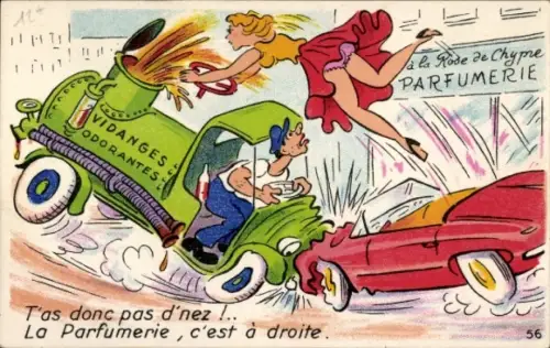 Künstler Ak Frau im roten Auto stößt mit einem Tankwagen zusammen, Parfumerie