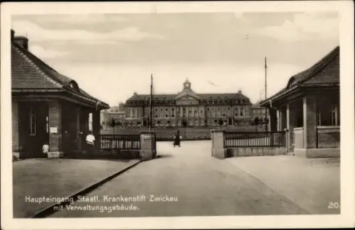 Ak Zwickau in Sachsen, Haupteingang staatlicher Krankenstift, mit Verwaltungsgebäude