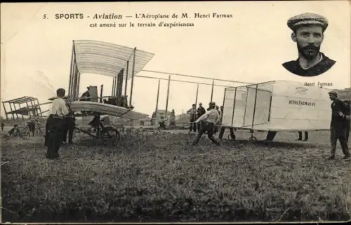 CPA Sports Aviation, L'Aéroplane de M. Henri Farman est amené sur le terrain d'expériences