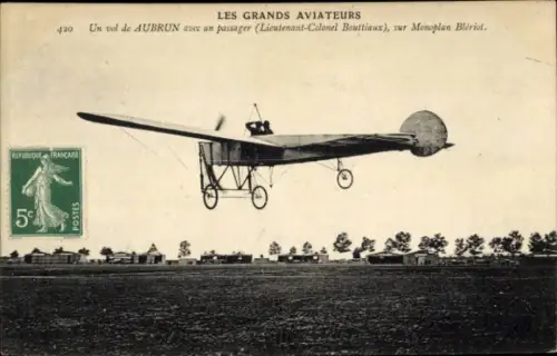 CPA Les Grands Aviateurs, Un vol de Aubrun avec un passager, Monoplan Blériot
