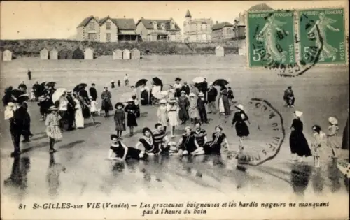 Ak Saint Gilles sur Vie Vendée, Les graceuses baigneuses, les hardis nageurs ne monquent