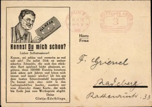 Ak Reklame Glatja Edelklinge, Lieber Selbstrasierer, Kennst du mich schon?