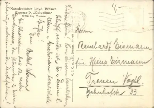 Ak Express-Dampfer Columbus, Norddeutscher Lloyd Bremen