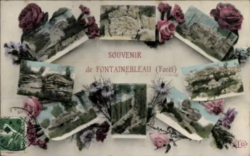 Ak Fontainebleau Seine et Marne, Mehrere Bilder von Felsen, Blumen, Souvenir von Fontainebleau
