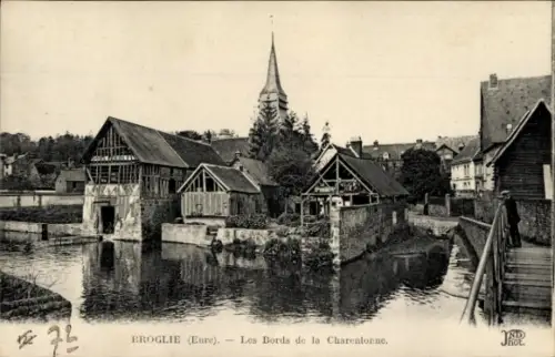 Ak Broglie Eure, Kirchturm, Häuser, Flusspartie