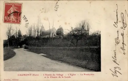 Ak Caumont Vaucluse, Eingang zum Dorf, Kirche, Presbyter, Weg zur Londe