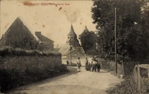Ak Breuilpont Eure, Ein Dorf mit Kirche, Häusern, Landstraße, Menschen, Bäume