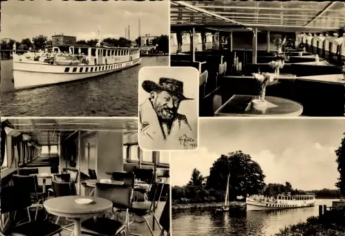 Ak Weiße Flotte Berlin, Fahrgastschiff, Innenansicht, Portrait Heinrich Zille