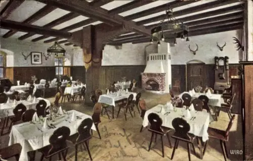 Ak Leuchtenburg Schwanewede Niedersachsen, Gastraum mit Tischen, Kamin, Holzdecke, dekorative Jag