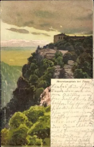 Ak Thale im Harz, Hexentanzplatz, Spectacular landscape, cliff view, building on top, green trees