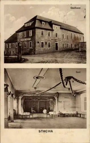 Ak Stacha Demitz Thumitz in Sachsen, Gasthaus und Fleischerei, Saal, Inh. Rudolf Schicketanz