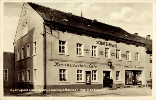 Ak Gaußig in der Oberlausitz, Schützenhaus, Restauration & Café, Inh. Max Kasper. Schloss-Drogerie