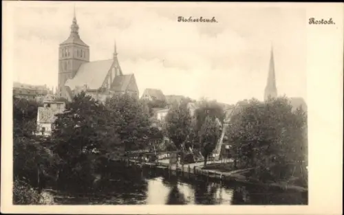 Ak Hansestadt Rostock, Fischerbeuch,  Kirche, Wasser, Bäume, Gebäude