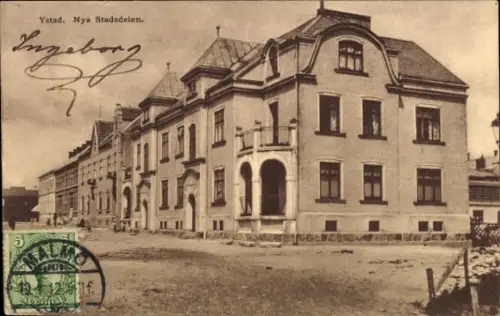 Ak Ystad Schweden,  Nya Stadsdelen, Gebäude, Straße, Poststempel