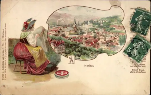 Litho Herisau Kanton Appenzell Außerrhoden, Panorama, Frau in Tracht