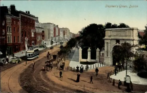 Ak Dublin Irland, Stephen's Green,  Straßenansicht, Straßenbahn,  Architektur