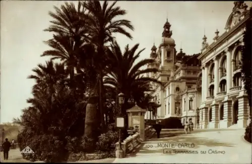 Ak Monte Carlo Monaco, Terrassen des Casinos, Palmen, Architektur